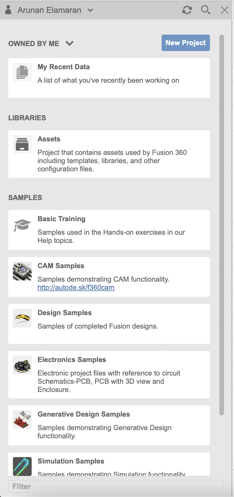 Fusion 360 with New Project button